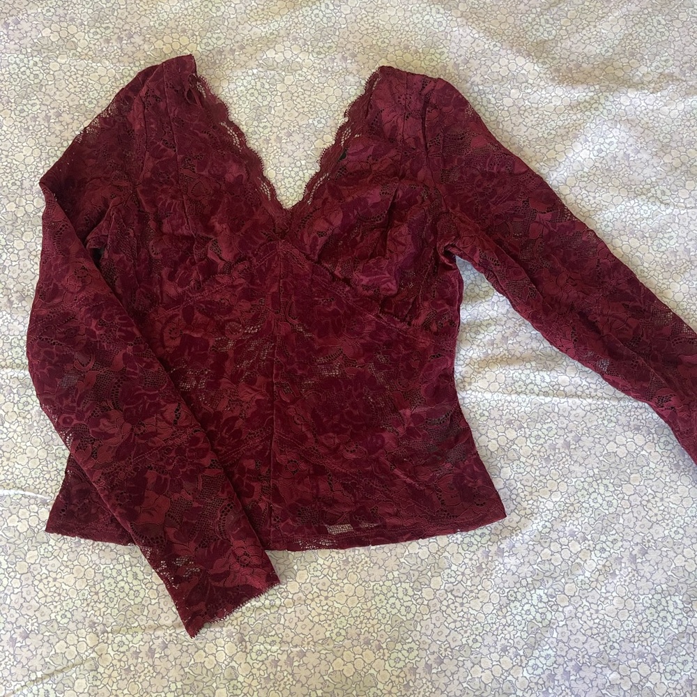 Guess Burgundy Lace V-Neck Long Sleeve Blouse